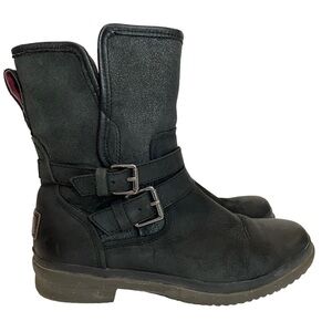 UGG Simmens Waterproof Leather Boots Women’s 6 Black Buckle Belted Biker Moto